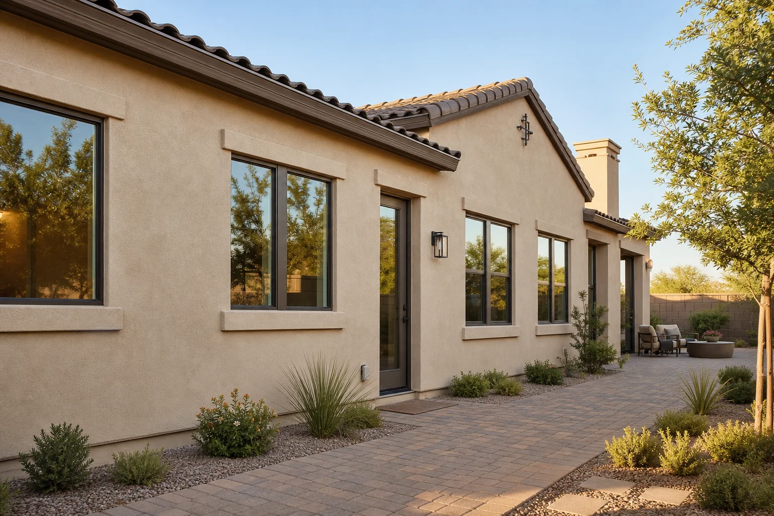 Finished stucco home exterior with newly installed windows and desert front yard landscaping