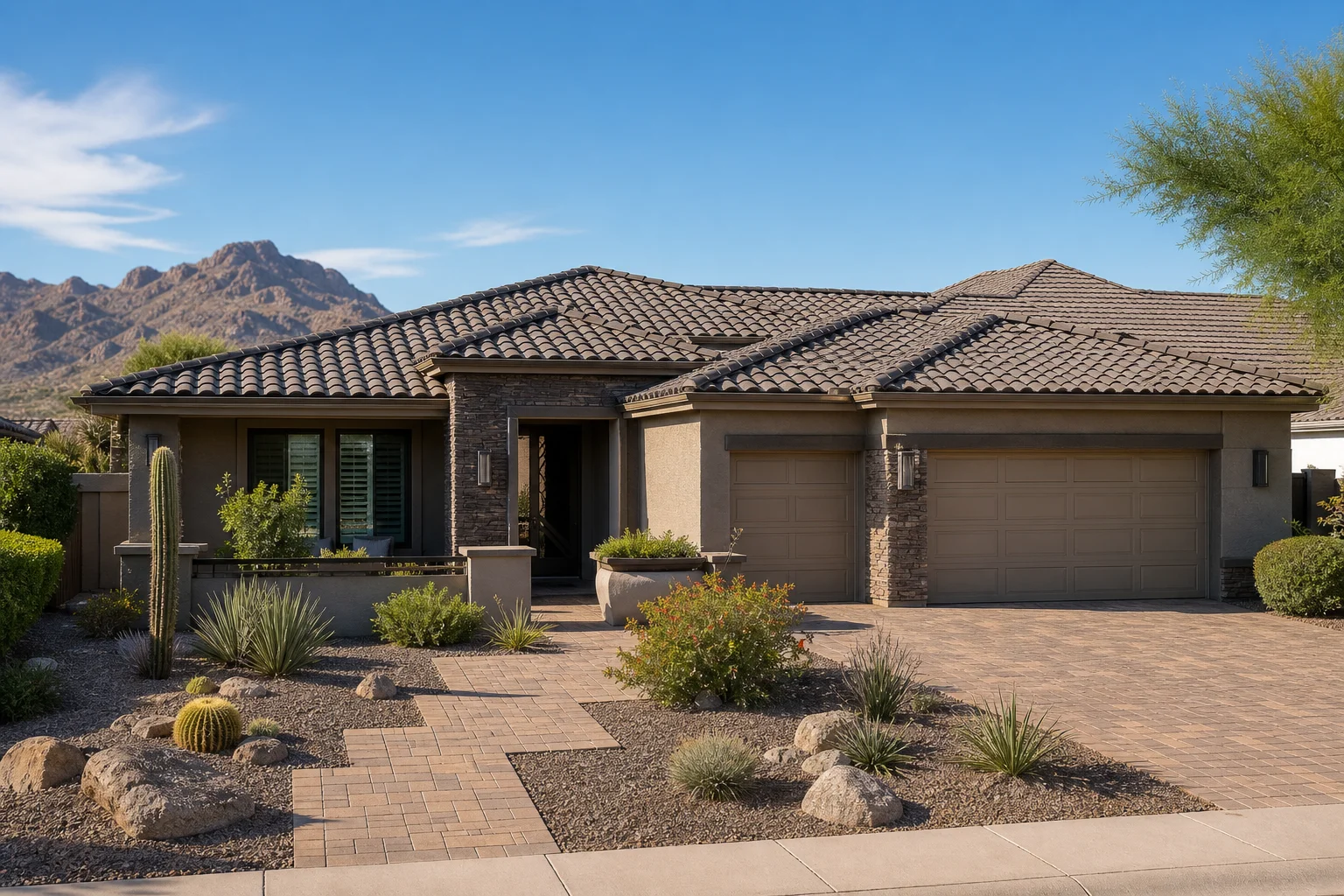 Finished Arizona home exterior showing a completed tile roof and desert landscaping in Casa Grande