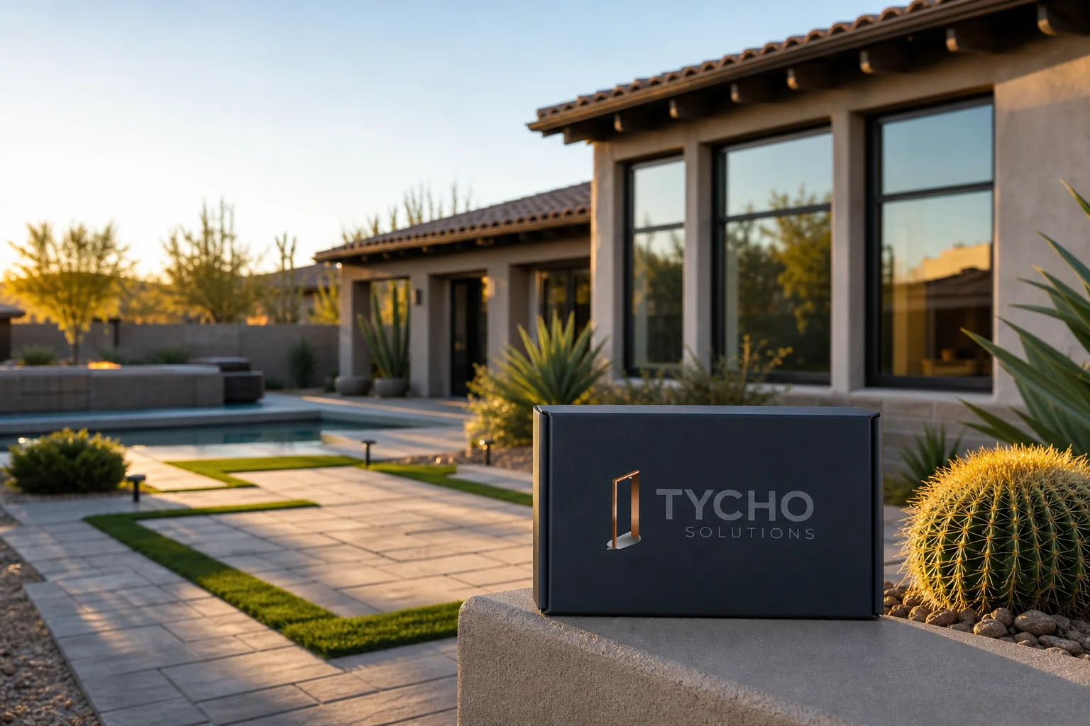 Wide view of a finished paver driveway curving toward a stucco Arizona home with desert landscaping