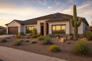 Whole-home window replacement in Arizona on a finished desert home with new windows, stucco exterior, and a tile roof