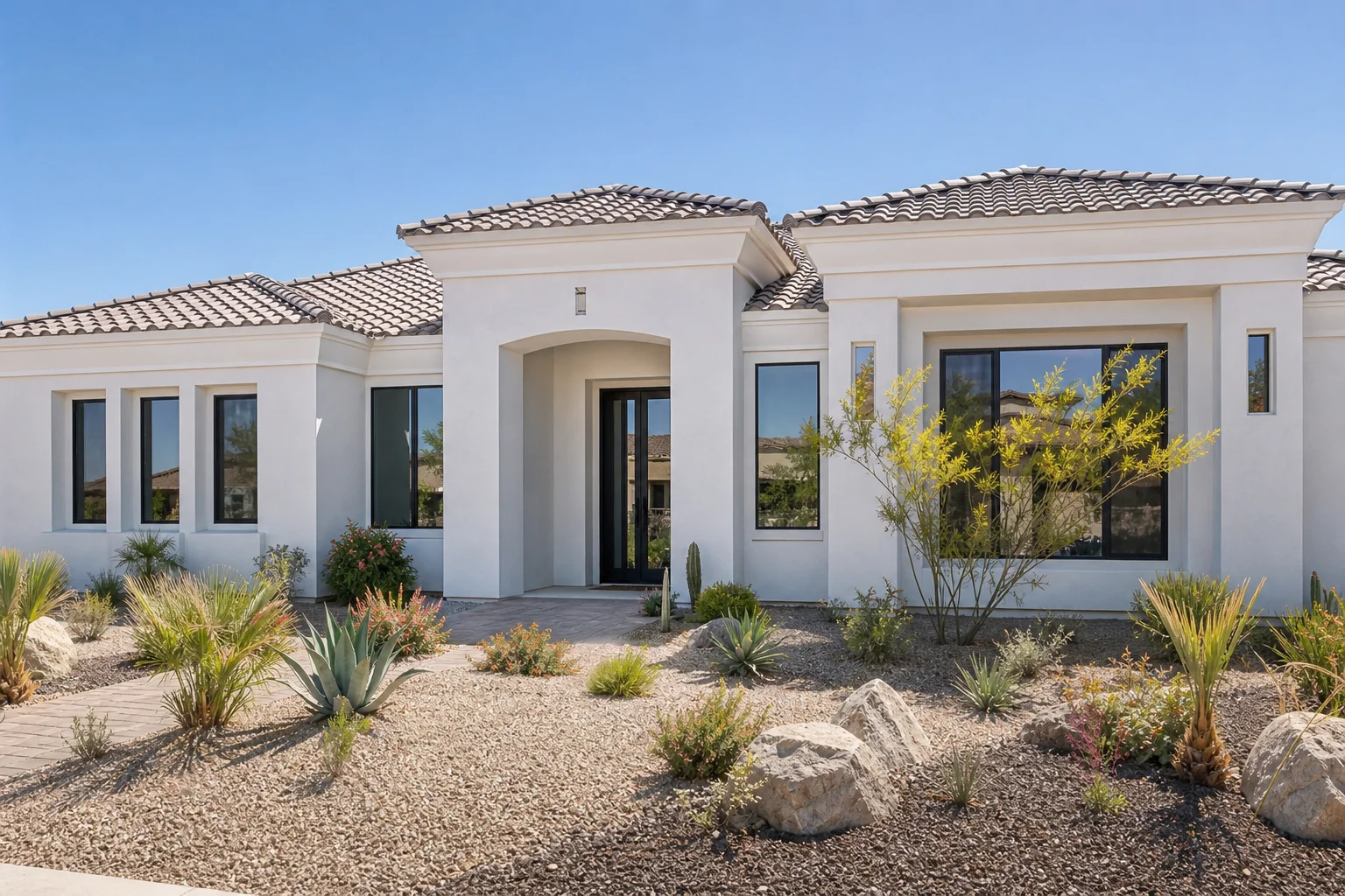 A finished Arizona home exterior showing multiple newly installed windows with clean stucco trim and desert landscaping